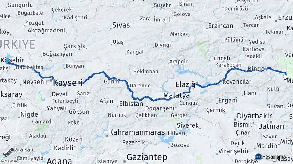 Kırşehir Mucur Muş Arası Kaç Km - Yol Haritası