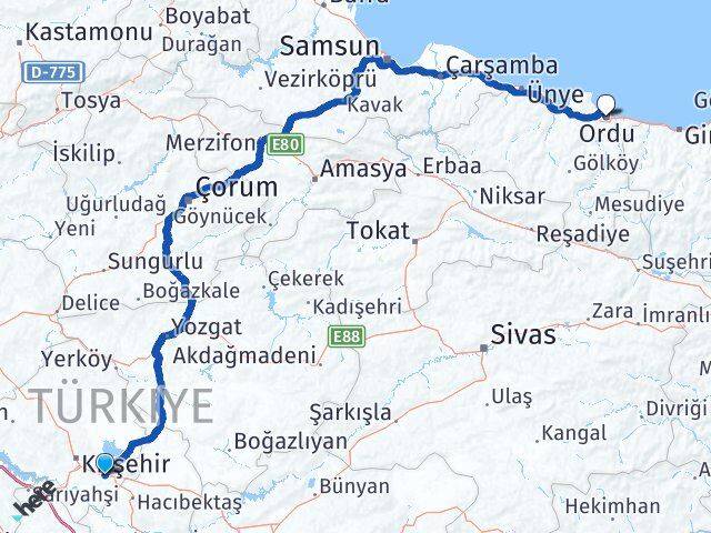Kırşehir Mucur Ordu Arası Kaç Km - Yol Haritası