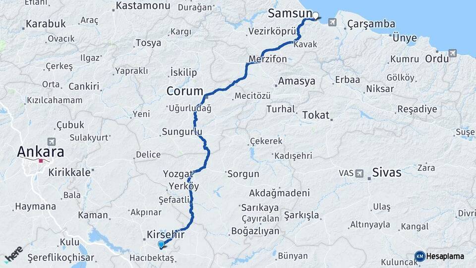 Kırşehir Mucur Samsun Arası Kaç Km - Yol Haritası