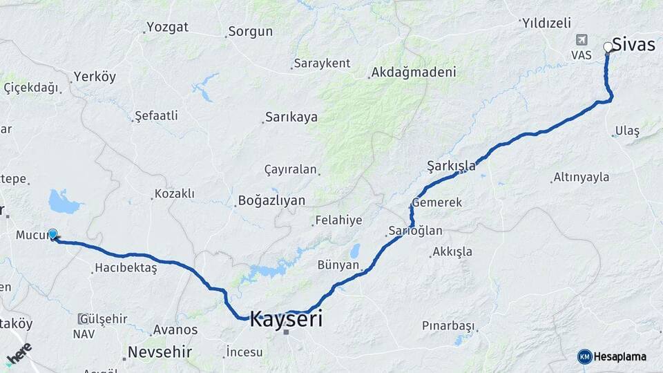 Kırşehir Mucur Sivas Arası Kaç Km - Yol Haritası