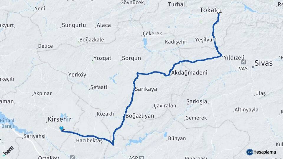 Kırşehir Mucur Tokat Arası Kaç Km - Yol Haritası