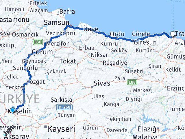 Kırşehir Mucur Trabzon Arası Kaç Km - Yol Haritası