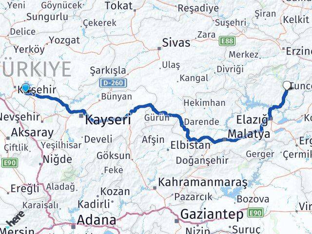 Kırşehir Mucur Tunceli Arası Kaç Km - Yol Haritası