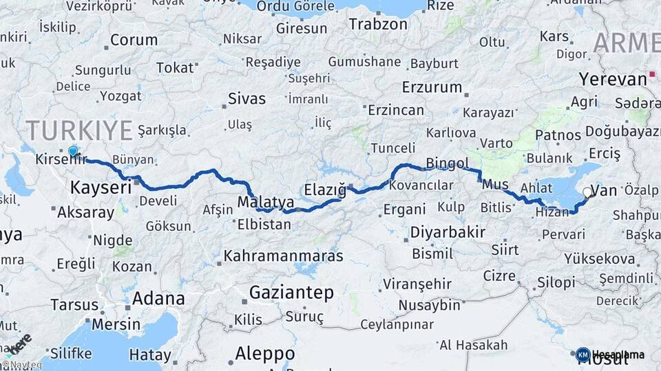 Kırşehir Mucur Van Arası Kaç Km - Yol Haritası