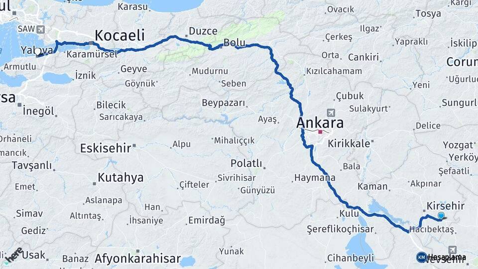 Kırşehir Mucur Yalova Arası Kaç Km - Yol Haritası