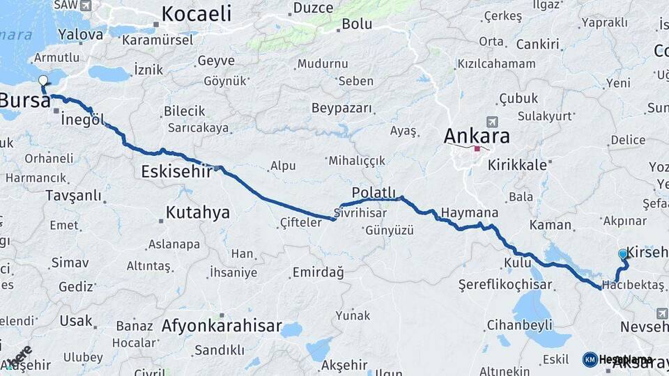 Kırşehir Mudanya Bursa Arası Kaç Km - Yol Haritası