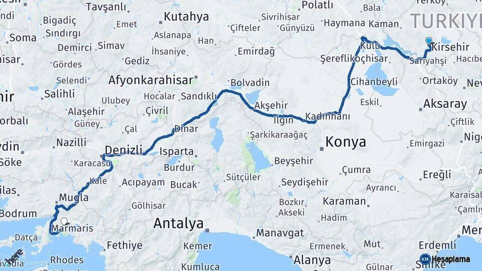 Kırşehir Muğla Arası Kaç Km - Yol Haritası