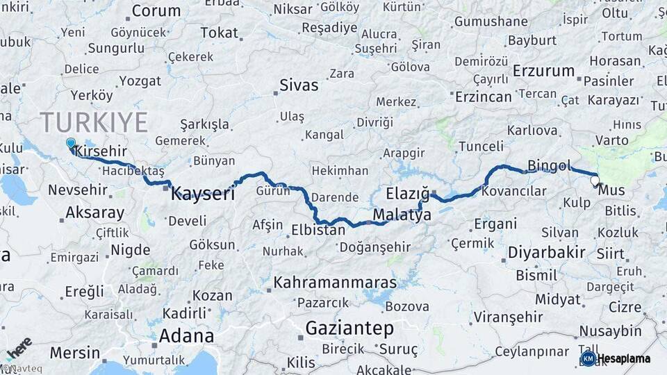Kırşehir Muş Arası Kaç Km - Yol Haritası