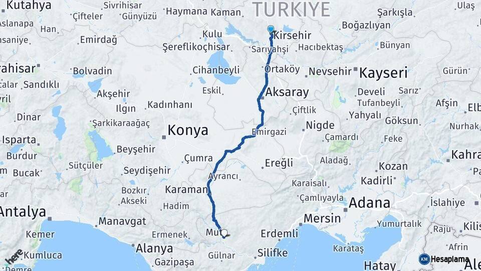 Kırşehir Mut Mersin Arası Kaç Km - Yol Haritası