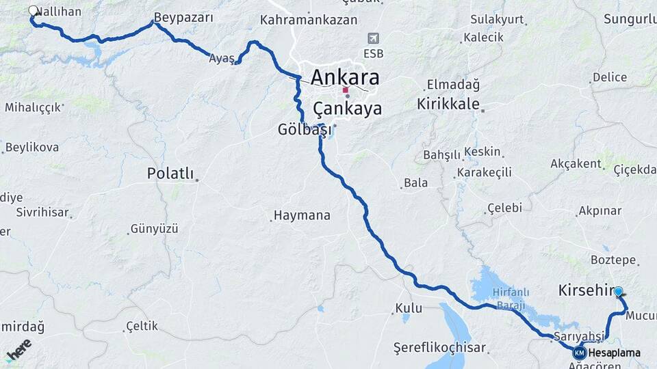 Kırşehir Nallıhan Ankara Arası Kaç Km - Yol Haritası