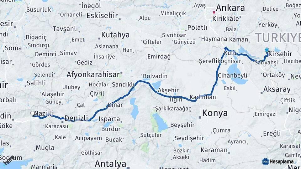 Kırşehir Nazilli Aydın Arası Kaç Km - Yol Haritası