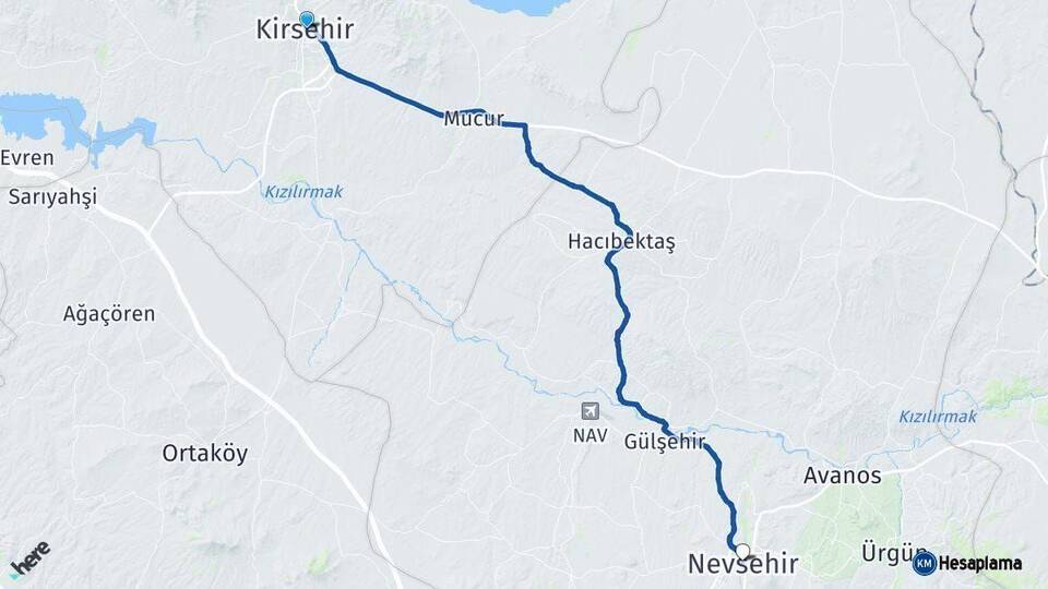 Kırşehir Nevşehir Arası Kaç Km - Yol Haritası