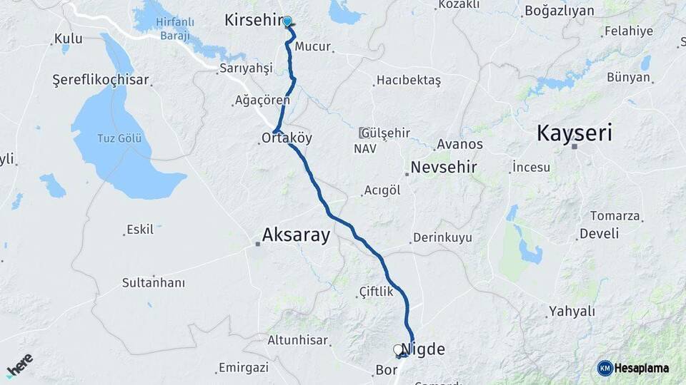 Kırşehir Niğde Arası Kaç Km - Yol Haritası