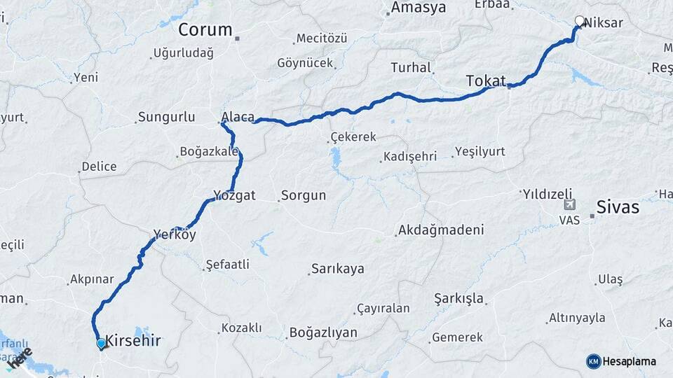 Kırşehir Niksar Tokat Arası Kaç Km - Yol Haritası