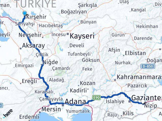 Kırşehir Nizip Gaziantep Arası Kaç Km - Yol Haritası