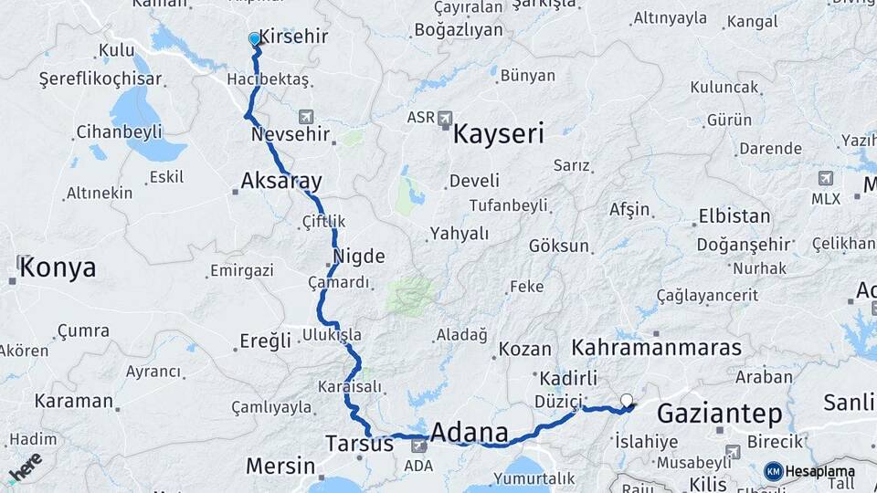 Kırşehir Nurdağı Gaziantep Arası Kaç Km - Yol Haritası