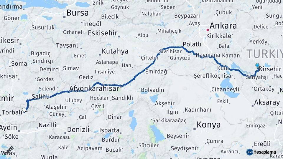 Kırşehir Ödemiş İzmir Arası Kaç Km - Yol Haritası