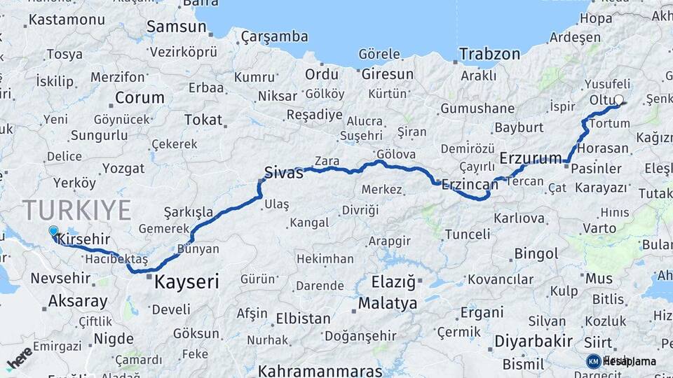 Kırşehir Oltu Erzurum Arası Kaç Km - Yol Haritası