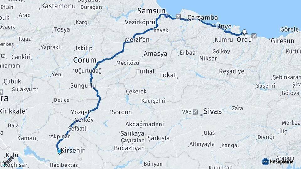 Kırşehir Ordu Arası Kaç Km - Yol Haritası