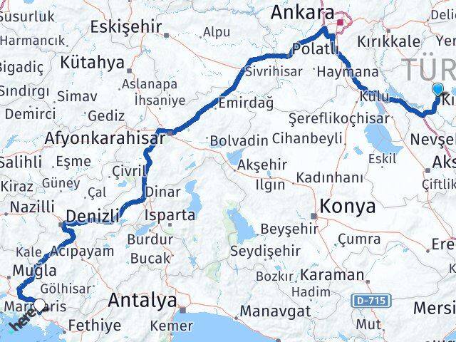 Kırşehir Ortaca Muğla Arası Kaç Km - Yol Haritası