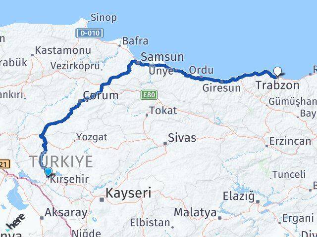 Kırşehir Ortahisar Trabzon Arası Kaç Km - Yol Haritası