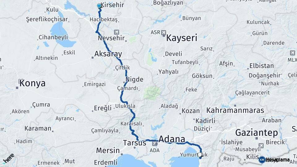 Kırşehir Payas Hatay Arası Kaç Km - Yol Haritası