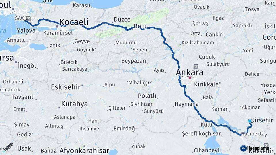 Kırşehir Pendik İstanbul Arası Kaç Km - Yol Haritası