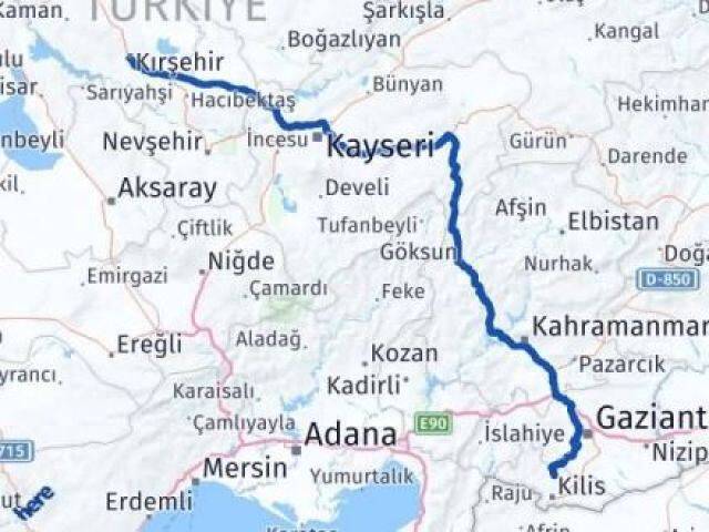 Kırşehir Polateli Kilis Arası Kaç Km - Yol Haritası