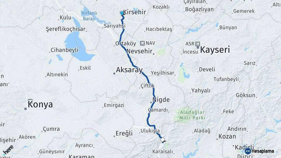 Kırşehir Pozantı Adana Arası Kaç Km - Yol Haritası