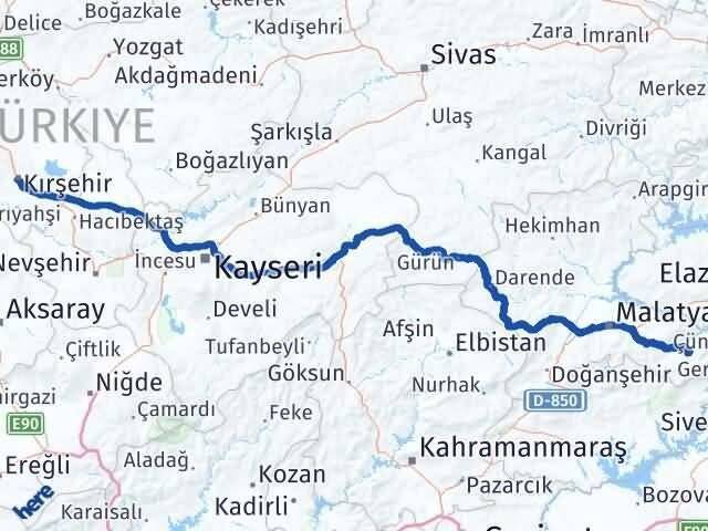 Kırşehir Pütürge Malatya Arası Kaç Km - Yol Haritası
