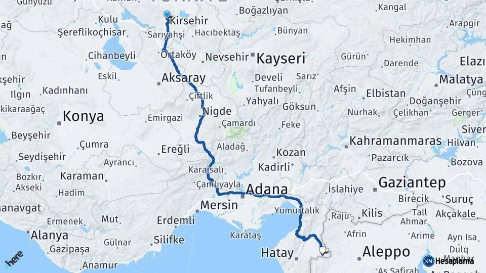 Kırşehir Reyhanlı Hatay Arası Kaç Km - Yol Haritası