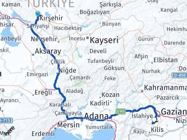 Kırşehir Şahinbey Gaziantep Arası Kaç Km - Yol Haritası