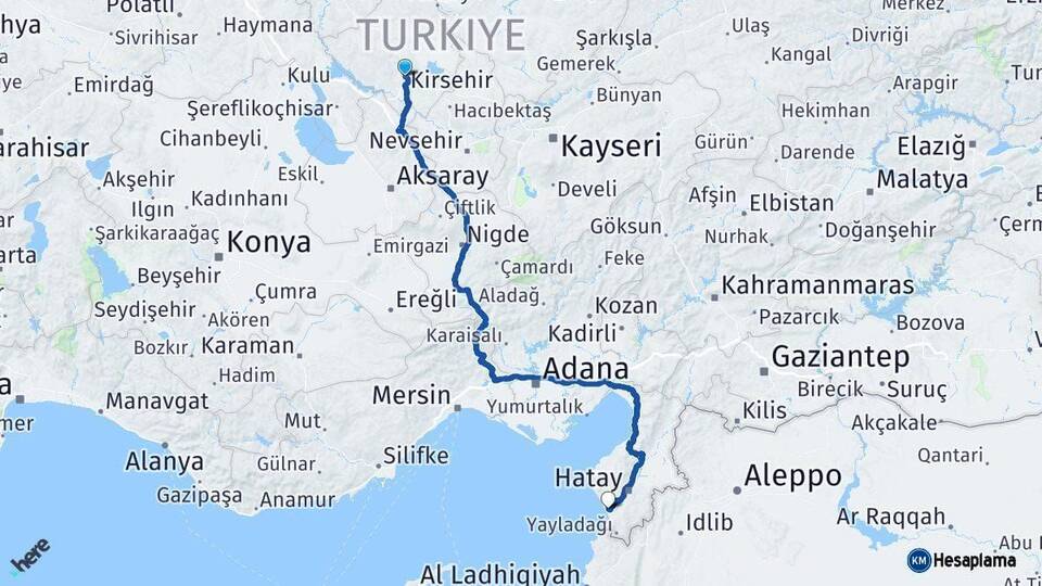 Kırşehir Samandağ Hatay Arası Kaç Km - Yol Haritası