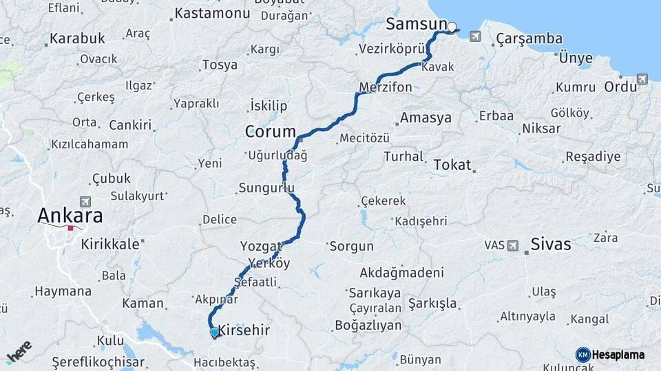 Kırşehir Samsun Arası Kaç Km - Yol Haritası