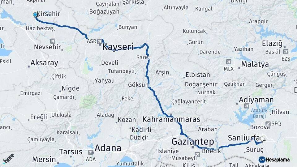 Kırşehir Şanlıurfa Arası Kaç Km - Yol Haritası