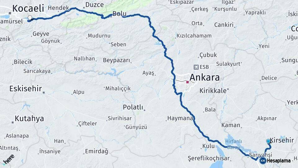 Kırşehir Sapanca Sakarya Arası Kaç Km - Yol Haritası