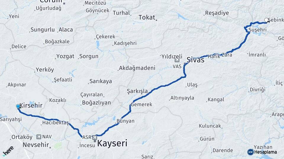 Kırşehir Şebinkarahisar Giresun Arası Kaç Km - Yol Haritası