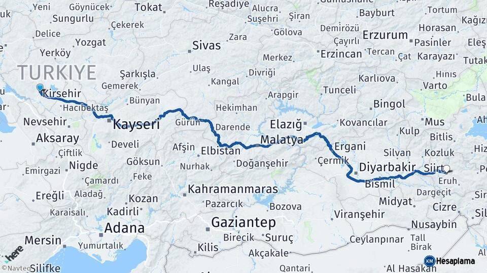 Kırşehir Siirt Arası Kaç Km - Yol Haritası