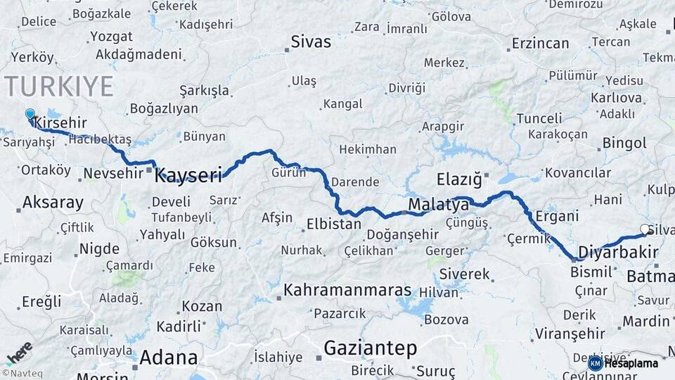 Kırşehir Silvan Diyarbakır Arası Kaç Km - Yol Haritası