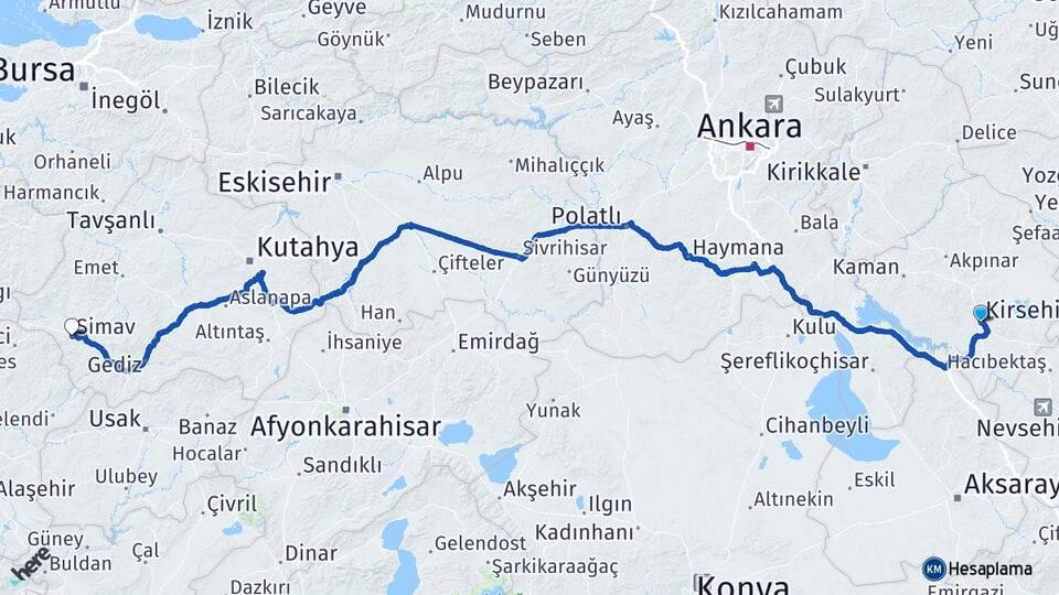 Kırşehir Simav Kütahya Arası Kaç Km - Yol Haritası