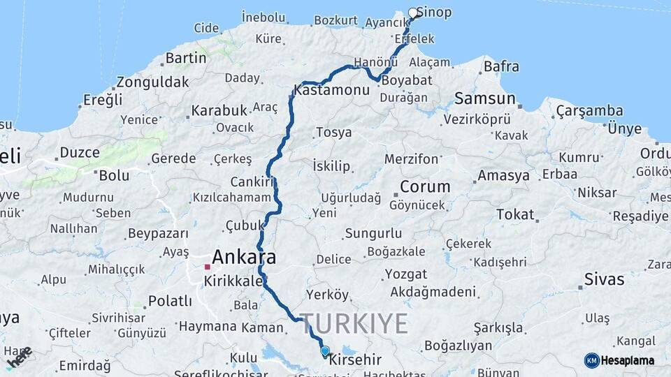 Kırşehir Sinop Arası Kaç Km - Yol Haritası