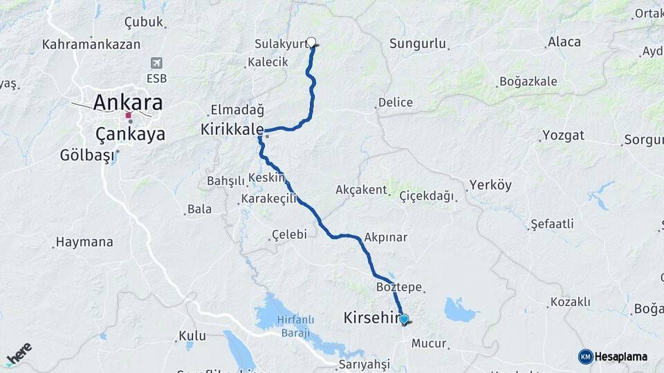 Kırşehir Sulakyurt Kırıkkale Arası Kaç Km - Yol Haritası