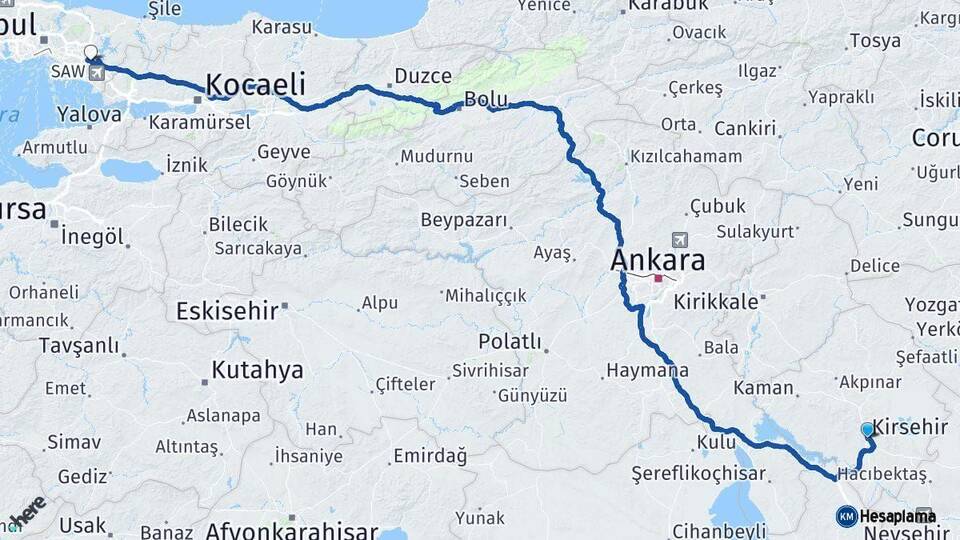 Kırşehir Sultanbeyli İstanbul Arası Kaç Km - Yol Haritası