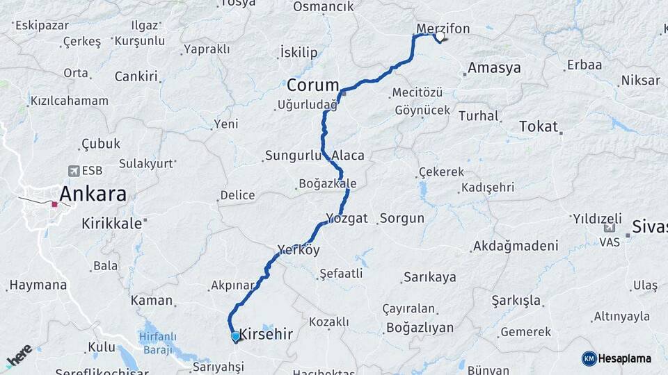 Kırşehir Suluova Amasya Arası Kaç Km - Yol Haritası