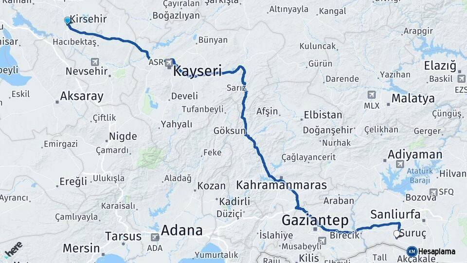 Kırşehir Suruç Şanlıurfa Arası Kaç Km - Yol Haritası