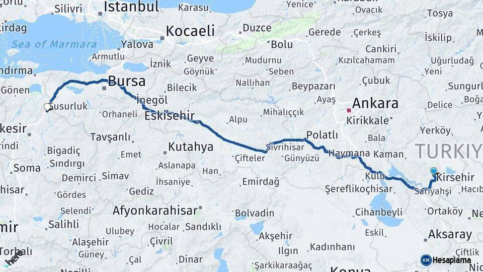 Kırşehir Susurluk Balıkesir Arası Kaç Km - Yol Haritası