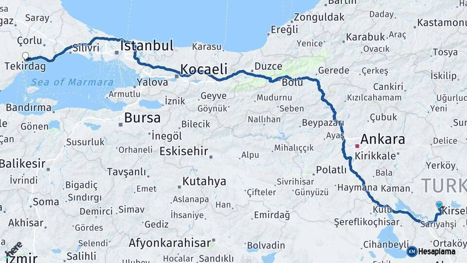 Kırşehir Tekirdağ Arası Kaç Km - Yol Haritası