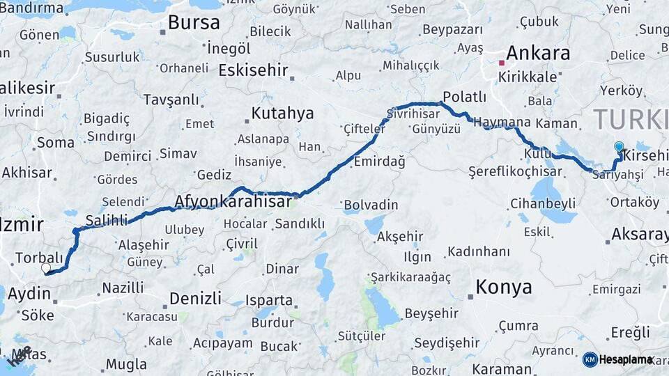 Kırşehir Tire İzmir Arası Kaç Km - Yol Haritası