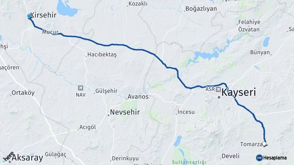 Kırşehir Tomarza Kayseri Arası Kaç Km - Yol Haritası