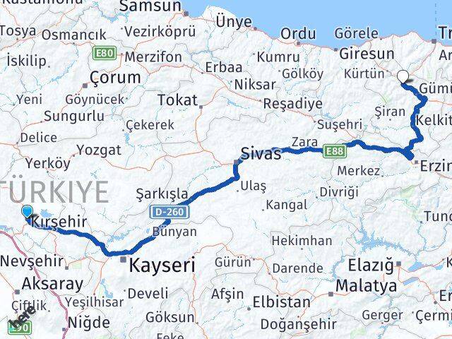 Kırşehir Torul Gümüşhane Arası Kaç Km - Yol Haritası